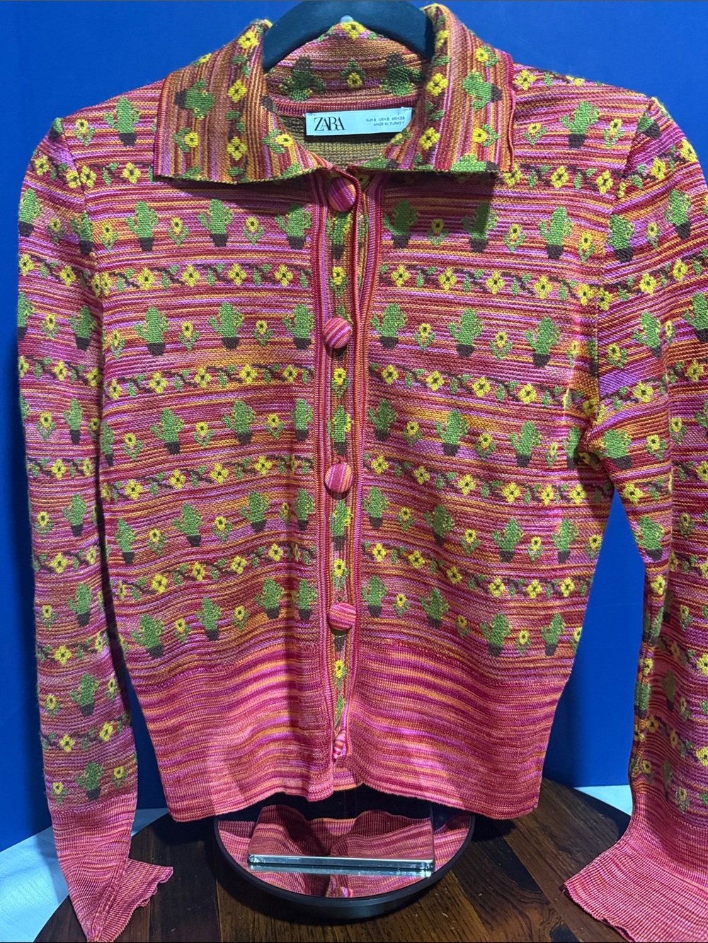 Zara Pink Striped Knit Jacket with Green Cactus and Yellow Floral Motif